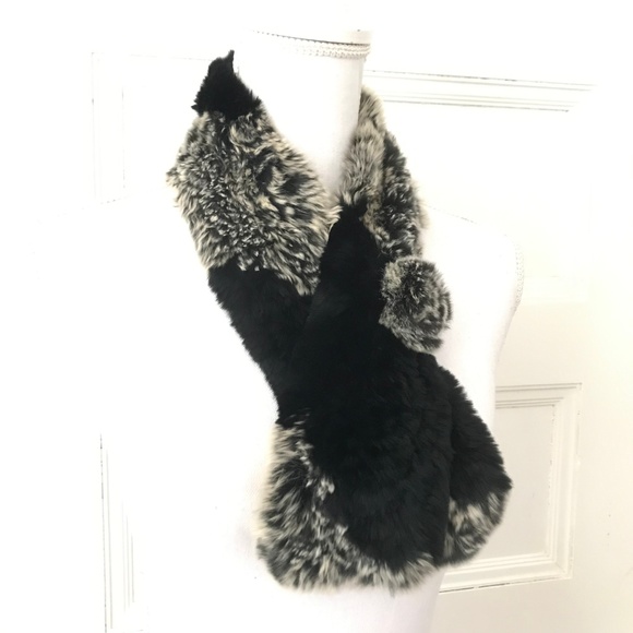 Black & Ivory Knitted Rabbit Fur Neck Scarf with Rosette - Picture 2 of 4